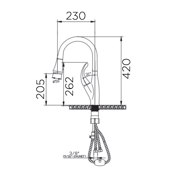 Deck Mounted Single Lever Brass Kitchen Tap - Pull Down Sprayer, Hot & Cold, Custom Color Choices