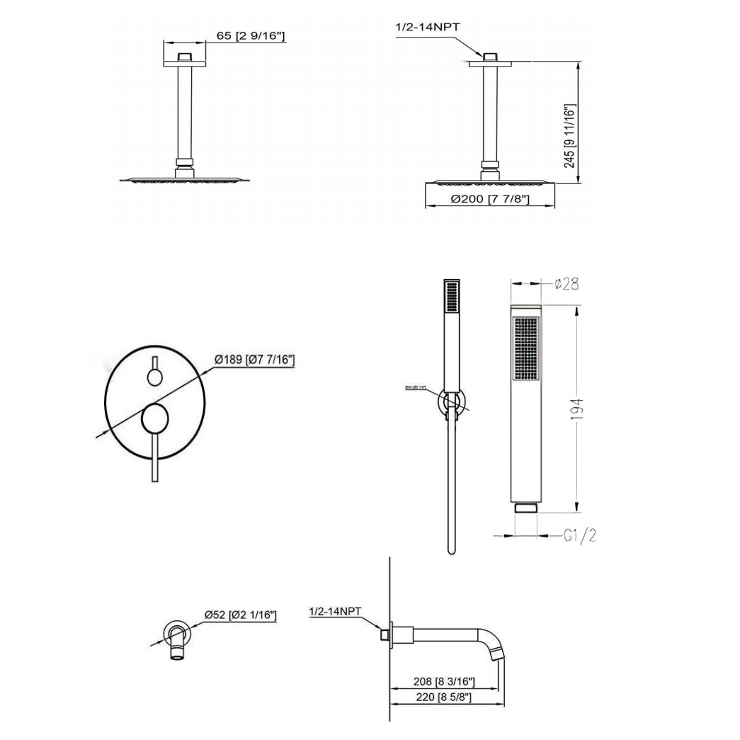 Ceiling mounted shower set mixer tap shower and bath tap sets