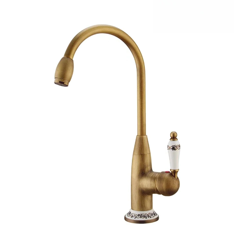 Deck Mounted Kitchen Sink Mixer Tap, Antique Brass, Single Lever, Hot & Cold