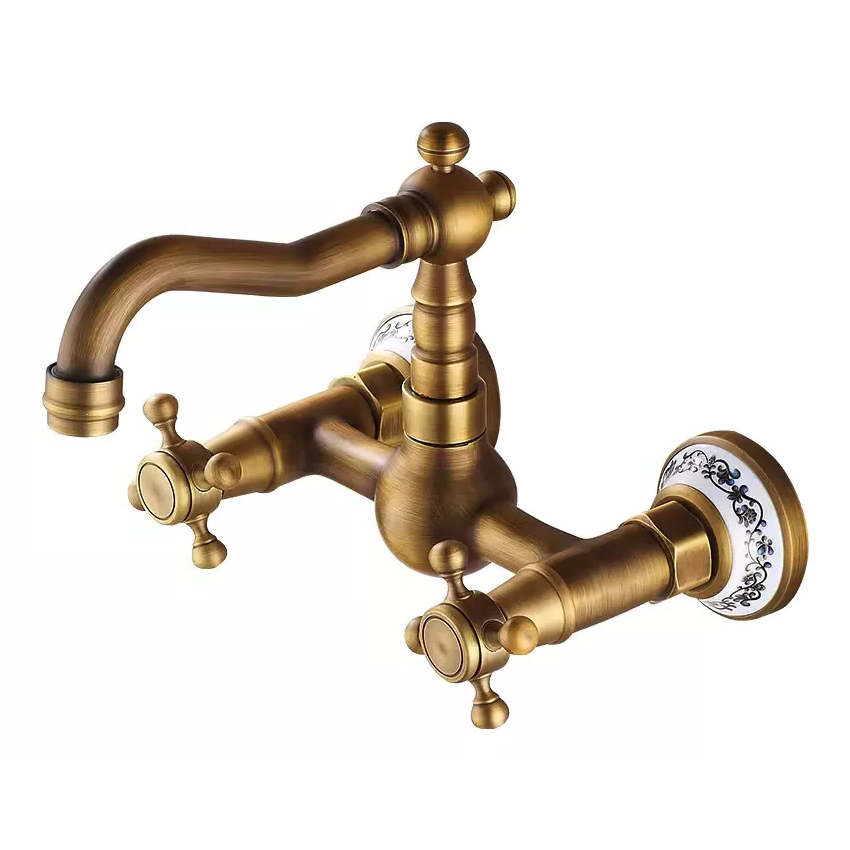 Antique Brass Wall Mounted Bathroom Faucet - Dual Handle Mixer